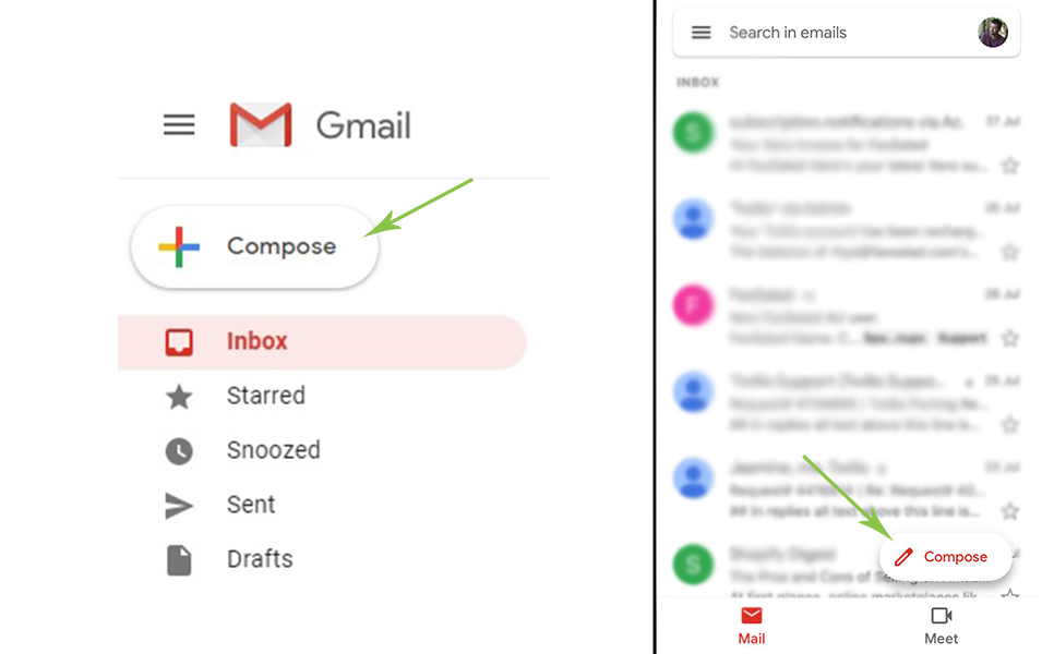 Composing a new email message on desktop and mobile Gmail client