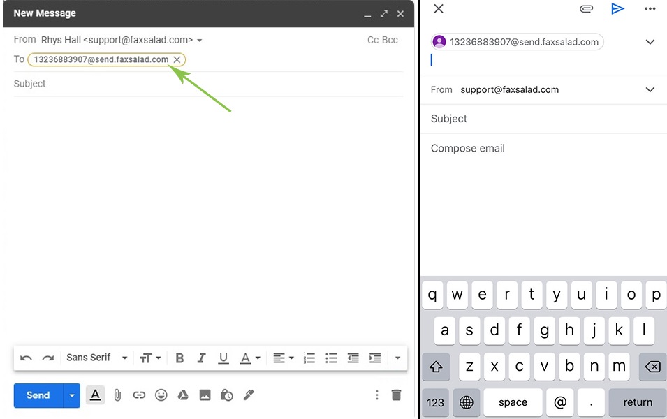 Entering fax number into send field on desktop and mobile Gmail client