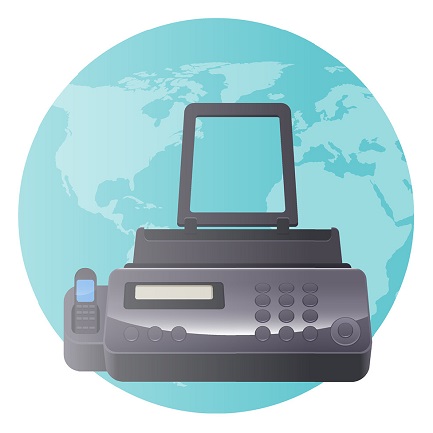 Fax machine over the globe showing the US and Europe