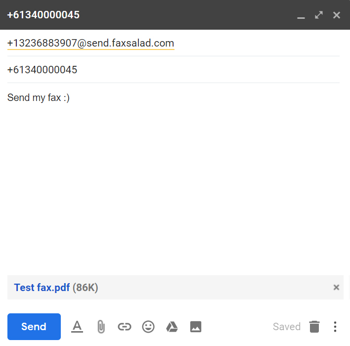 Screenshot from Gmail demonstrating how to send a fax with email